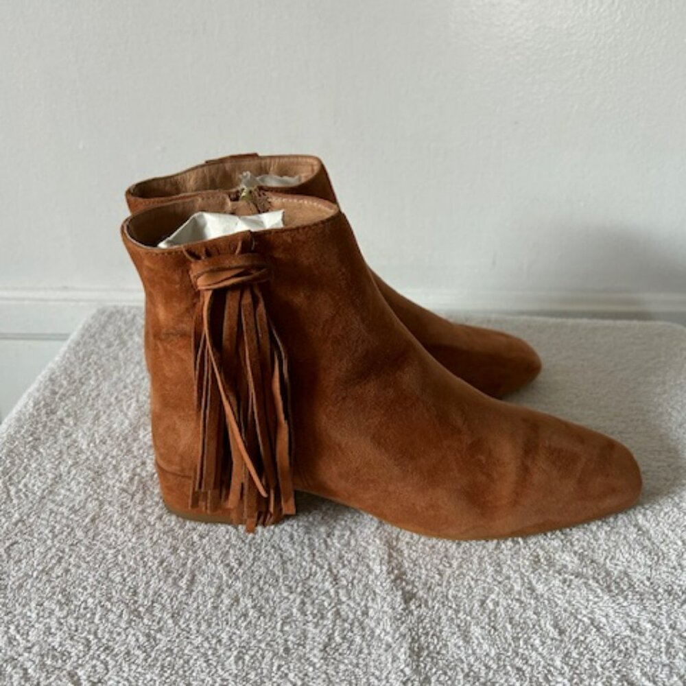 Free People Spring In Paris Boots Women's Size 6.5 Tan Suede Fringe Square Toe - Picture 6 of 8